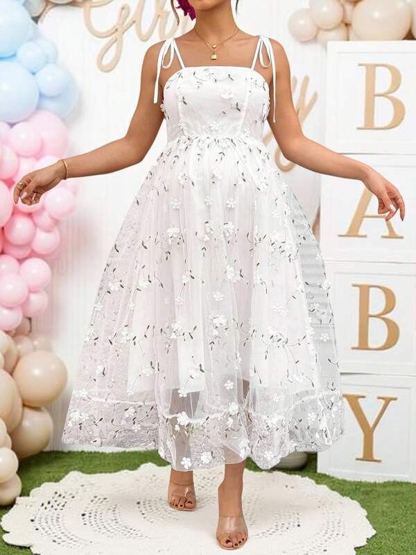Loomaby Vestido midi elegante con tirantes de lazo, bordado floral y malla para maternidad