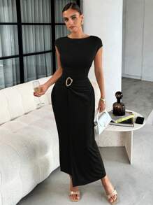 Lavishia 夏季杏色金属亮片圆领短袖修身女式长裙 - 黑色 - 查看 4