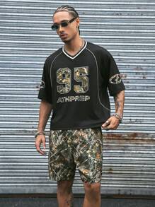 AXEPEAK 2pcs/Set Multi-Pack Little V-Neck Loose Fit Digital Print T-Shirt And Elastic Waist Shorts Summer Outfit - Multicolor - View 3