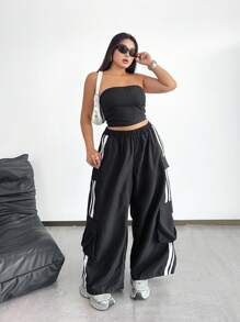 POPSWAY Damen Große Größen Lässig Schwarz & Weiß Gestreiftes Trägertop + Gestreifte Weit geschnittene Cargohose mit großen Taschen