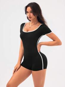 Easithlete Women's Crew Neck Contrast Color Criss-Cross Open Back Casual Jumpsuit