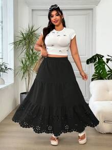 SHEIN EZwear Plus Size Women Solid Color Casual Vacation Versatile Crinkle Skirt - Black - View 1