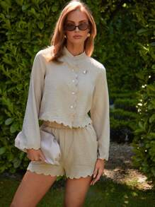 COSMINA 2 Stücke Damen lässiges einfarbiges Outfit mit Langarmoberteil und Shorts, einreihig