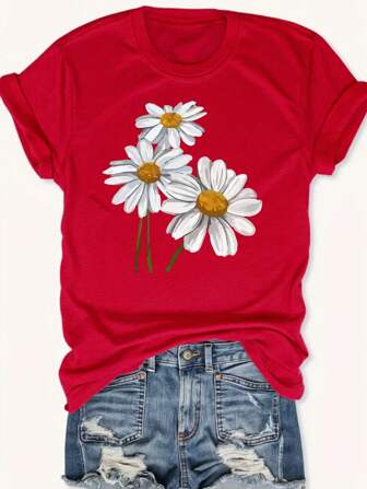 Calvaya Flowers Print Casual Plus Size T-Shirt