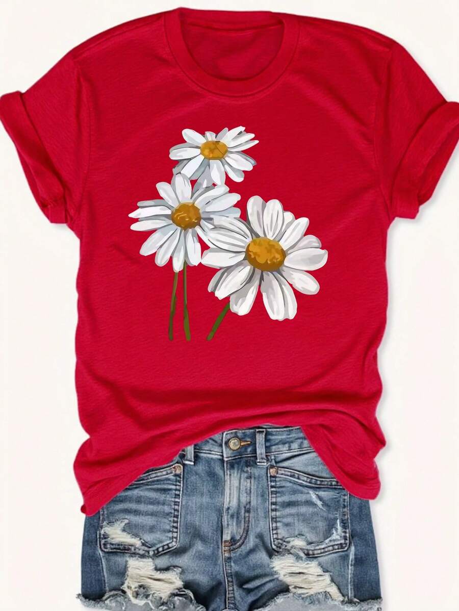 Calvaya 花卉印花休闲大码T恤 - 紅色 - 查看 1