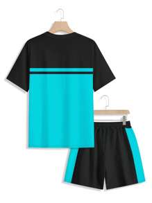 Manfinity RSRT 2 件男士字母印花圆领短袖休闲 T 恤和抽绳腰短裤套装，舒适服装 - 彩色 - 查看 4