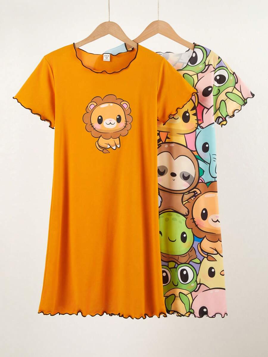 SHEIN 2-teiliges süßes Cartoon-Muster Mix&Match Nachthemd und Kleid-Set mit gerolltem Saum für große Mädchen