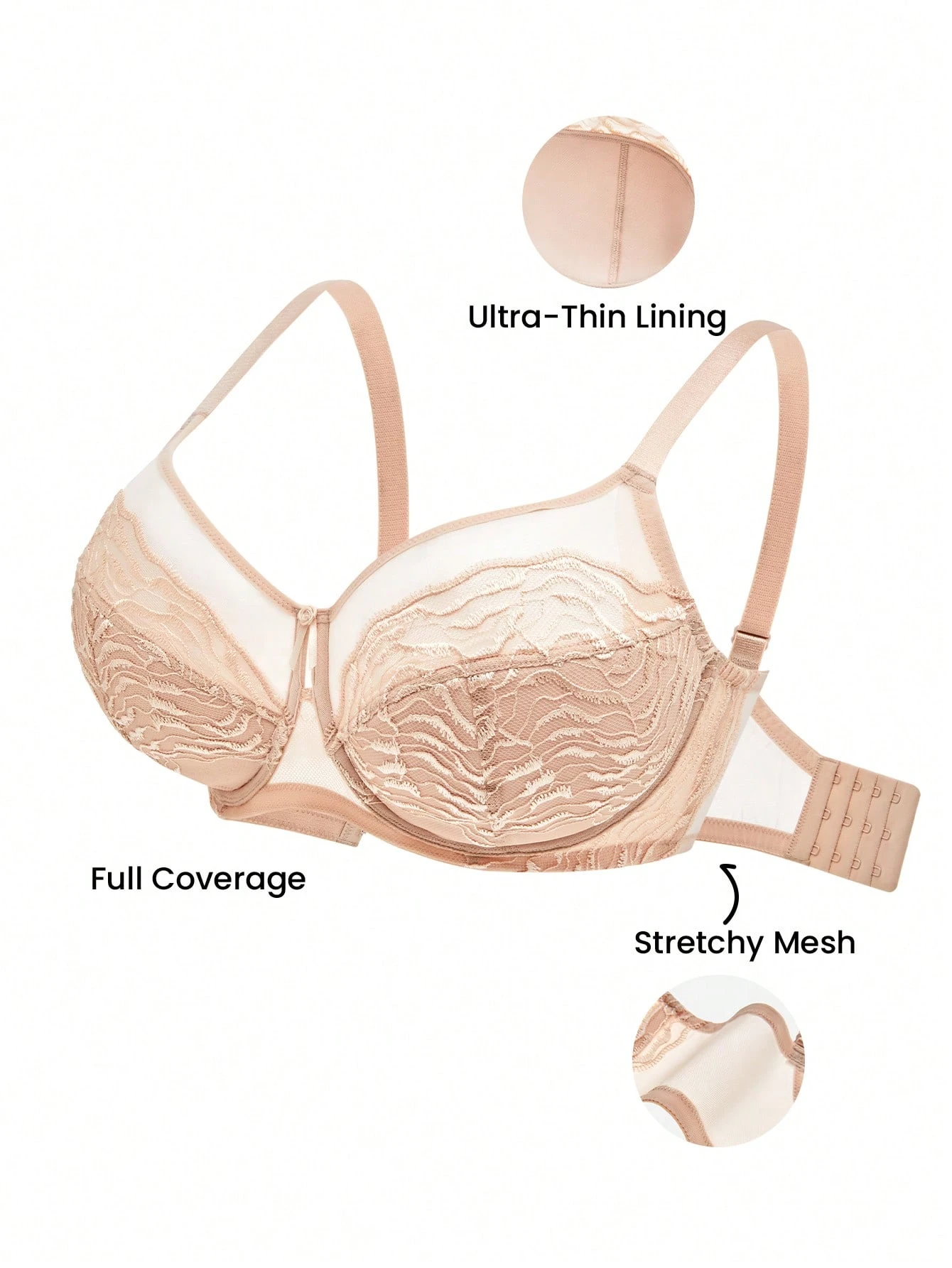 Reggiseno minimizer elegante e chic, in pizzo, con coppe senza imbottitura, traspirante e con supporto, per taglie curvy