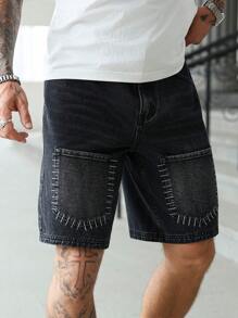 Manfinity Homme Men's Loose Bermuda Denim Cargo Shorts With Pockets, Casual - Black - View 7