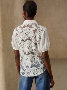 GENKIRA Áo cánh tay ngắn bằng vải chiffon lưới 3D dành cho nữ - trắng - Xem 3