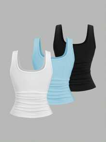 Sweetra Plus Size Women Summer Short Square Neck Pleated Casual Tank Top - Multicolor - View 2