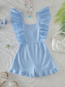 Girls Ruffled Strap Backless Bow Jumpsuit, Comfortable Textured Fabric Leisure Beachwear - Blue - View 2