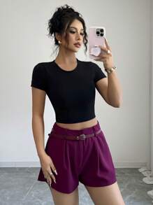 Elenzga Pantalones cortos casuales de mujer de pierna ancha a rayas con cintura elástica y cinturón