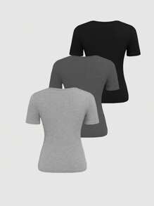 SHEIN 3 件套女式短袖圆领罗纹休闲 T 恤套装，夏季 - 彩色 - 查看 2