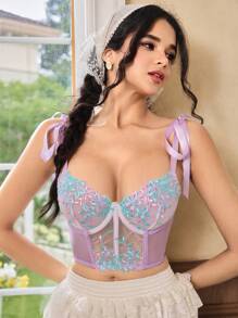 FloralLove Camisola romántica de parches de encaje con tirantes de atar