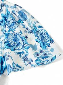 Ellevyn 女式 V 领短袖收腰花卉印花蕾丝边 A 字中长连衣裙，优雅适合日常穿着、度假穿着、春夏季 - 藍白色 - 查看 5