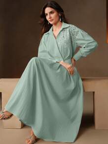 Anewsta Elaire Spring, Festival, Holiday, Vacation Elegant Loose Fitting Vintage Studded Waist Drop Shoulder Shirt Dress For Women