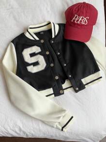 Comfortcana Letter Patched Crop Varsity Jacket - Black and White - View 3