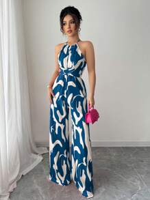 SHEIN PETITE 女士印花面料束腰连体裤，优雅度假和日常穿着