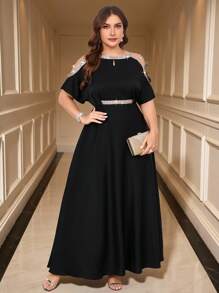Gownix Curbat Plus Size Femei Albastru Elegant Auriu Strălucitor Paiete Splicing Talie Cinching A-Line Rochie Lungă,Rochie Neagră Femei,Tinute de ieșire,Rochii maxi pentru femei,Rochie maxi elegantă,Rochie fără umăr,Rochie elegantă pentru nuntă,Rochii de primăvară/vară pentru femei,Tinute de vacanță femei
