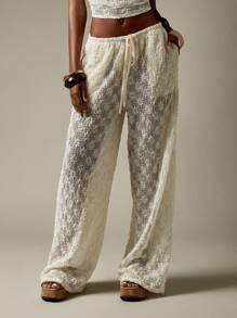 MISSGUIDED Pantalon large en dentelle bohème pour tenue de plage, mariage, détente, avec poches. Idéal pour festival, lune de miel, vacances - Blanc - Voir 1