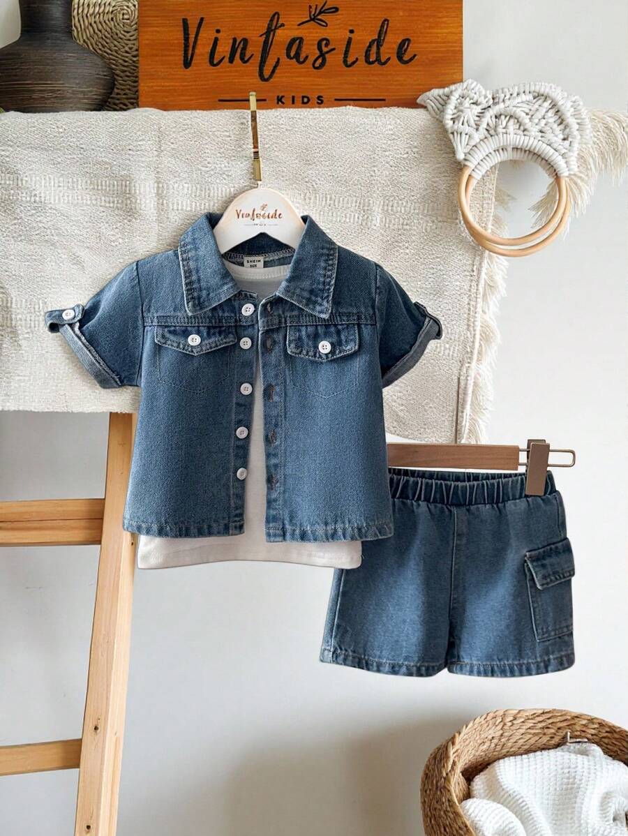SHEIN Vintaside Kids 3 件套男婴春夏套装,含白色无袖背心、牛仔领短袖夹克和牛仔短裤,简约风格,合身设计,适合户外玩耍、室内舒适和派对 - 淺藍色 - 查看 1