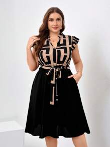 Chikora 大码女式纯色印花拼接简约日常连衣裙，适合夏季 - 彩色 - 查看 6