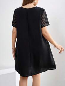 SHEIN Clasi Plus Size Women Summer Notched V-Neck Mesh Short Sleeve Trapeze Loose Dress