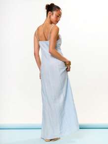 MUSERA 圆领纽扣宽松亚麻质感长裙，夏季度假节日可爱休闲优雅托斯卡纳阳光长裙毕业舞会 - 淺藍色 - 查看 4