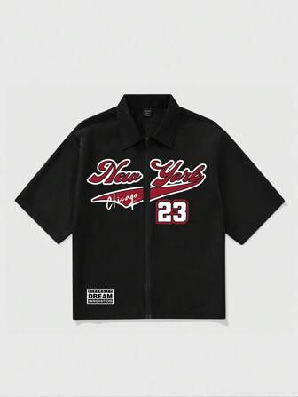 Street Life Chemise d'été décontractée à la mode pour hommes, noire avec fermeture éclair et impression de texte anglais rouge