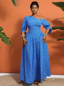 Lunelith SHEIN Lunessa New Arrival Chic Ditsy Floral Asymmetrical Shoulder Women's Long Dress, High-End Style