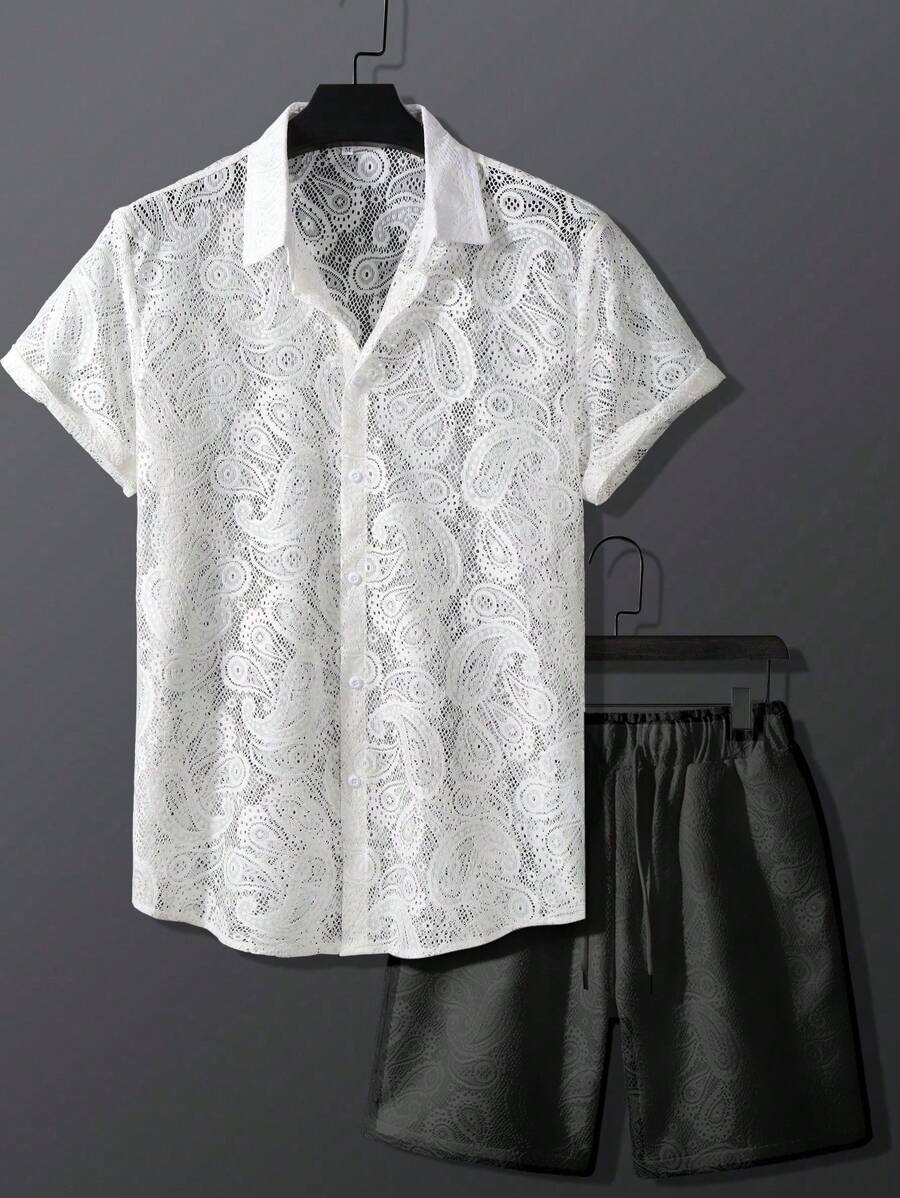 Manfinity Homme 2pcs/Set Men's Casual Cashew Hollow Short Sleeve Single-Breasted Shirt And Shorts - Black and White - View 1