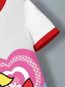 THE POWERPUFF GIRLS X SHEIN Young Girl Summer Casual Cartoon And Heart Pattern Round Neck Contrast Trim Short Sleeve Tee Dress