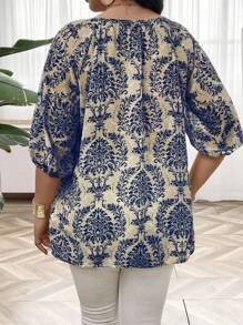 SHEIN LUNE Plus Size Women's Plant Print Lantern Sleeve Button Down Casual Shirt