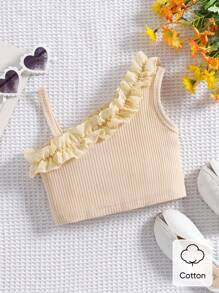 SHEIN Baby Girl Asymmetric Organza Ruffle Trim Spaghetti Strap Top - Khaki - View 1