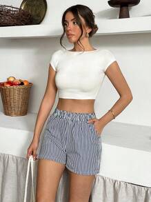 Shorts alti a vita alta a righe da donna per vacanze estive in spiaggia, stile casual per vacanze in spiaggia