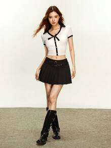 Rina Fox Women's V-Neck Color Block Short Sleeve T-Shirt, Fashionable Summer Top - White - View 2