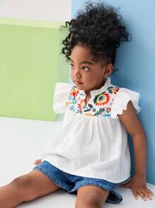 SHEIN Leap Crew Young Girl Ditsy Floral Ruffle Trim Leisure Blouse - White - View 2