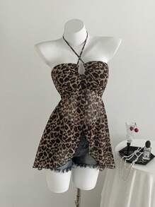 Chiquease Women's Leopard Print Split Hem Sexy Halter Neck Sleeveless Tank Top, Summer - Dark Green - View 1