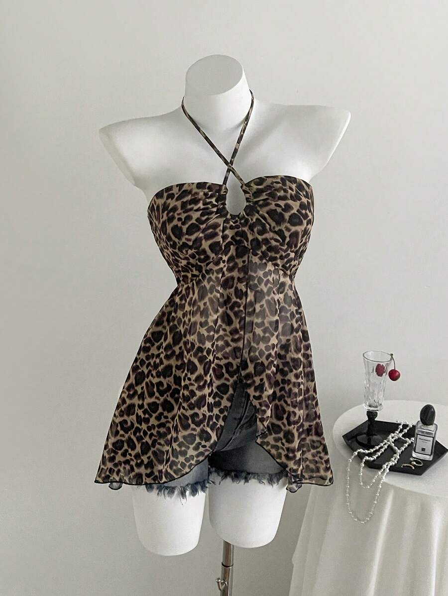 Chiquease Women's Leopard Print Split Hem Sexy Halter Neck Sleeveless Tank Top, Summer - Dark Green - View 1