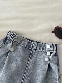 Genkimix Kids 年轻女孩休闲百搭日常百搭纽扣前部细节松紧腰毛边阔腿牛仔裤 - 淺色水洗藍 - 查看 3