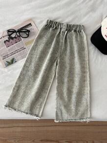 YOUNG GIRL Casual All-Match Everyday Versatile Button Front Detail Elastic Waist Raw Hem Wide Leg Jeans - Army Green - View 2