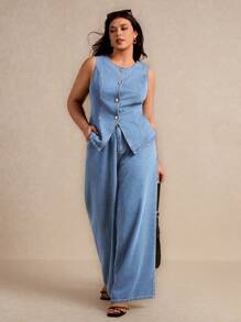 Elaquor 大码女式单排扣牛仔背心和休闲裤套装 - 淺色水洗藍 - 查看 5