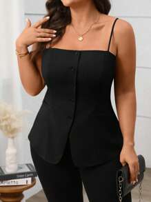 Vionelle Women's Elegant Commuter French Style Front Button Split Hem Camisole Top For Tea Party, Spring/Summer - Black - View 5