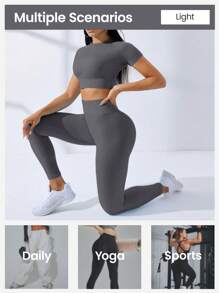 Gameset SHEIN Sport Costum sport pentru femei, elastic, fără cusături, culoare solidă, top cu mânecă scurtă, și pantaloni, costum sport, seturi atletice pentru femei, haine de antrenament, echipament de antrenament, îmbrăcăminte pentru femei, îmbrăcăminte atletică pentru femei, exerciții fizice