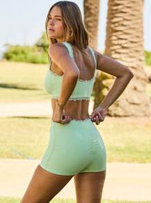Aralina Leisurewear Women's Solid Color Ruched Scrunch Camisole Top And Shorts Sports Pilates Outfit Set With Lace Trim