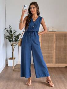 EMERY ROSE Combinaison casual à col en V avec poches et sans manches pour femmes, été - Bleu azur - Voir 4