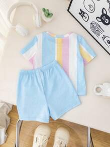 SHEIN Leap Crew 2pcs/Set Baby Boy/Girl Cute Summer Casual Vacation Knit Striped Short Sleeve Top And Elastic Waist Shorts Set - Multicolor - View 2