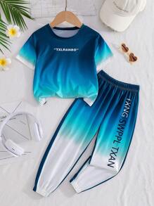 2pcs Young Girl Summer Casual Fashion Ombre Letter Print Round Neck Drop Shoulder Short Sleeve T-Shirt & Long Pants Set
