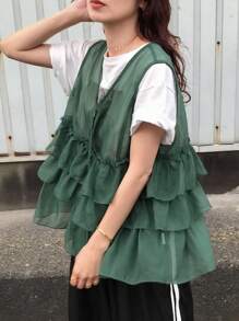 FRIFUL 女士纯色绿色荷叶边多层宽松休闲百搭衬衫，女士海滩度假服装